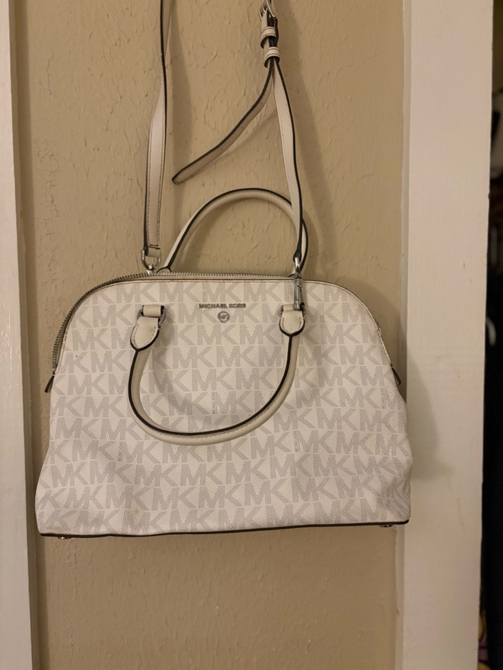 Michael Kors White MK Logo Dome Satchel with Silver Hardware